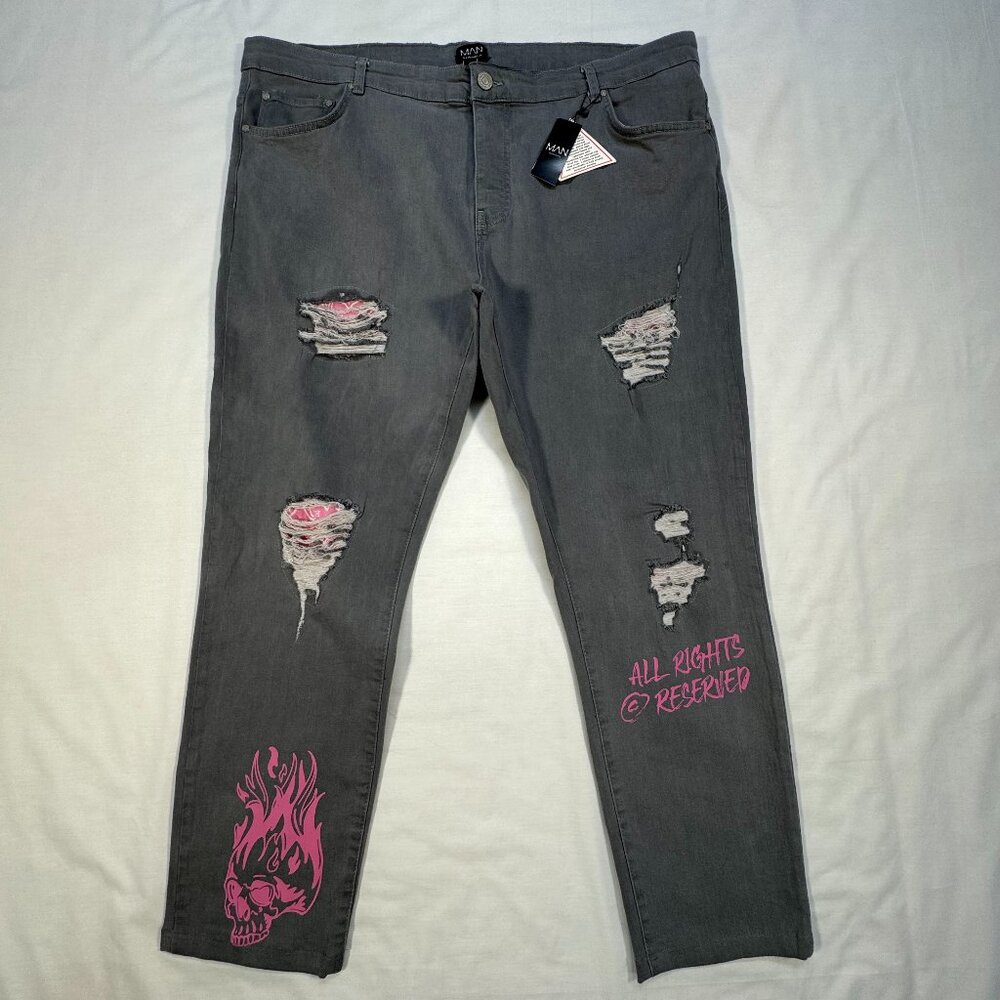 Boohoo Man Jeans Mens 44 Gray Button Fly Stretch Bandana Rip Rocker Biker NWT